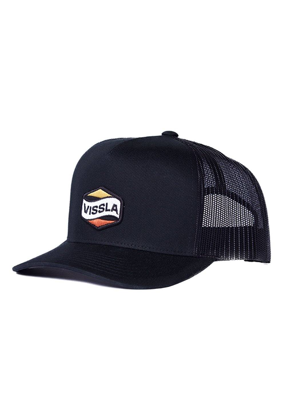 Vissla Solid Sets Eco Trucker Hat in black with mesh back and logo patch.