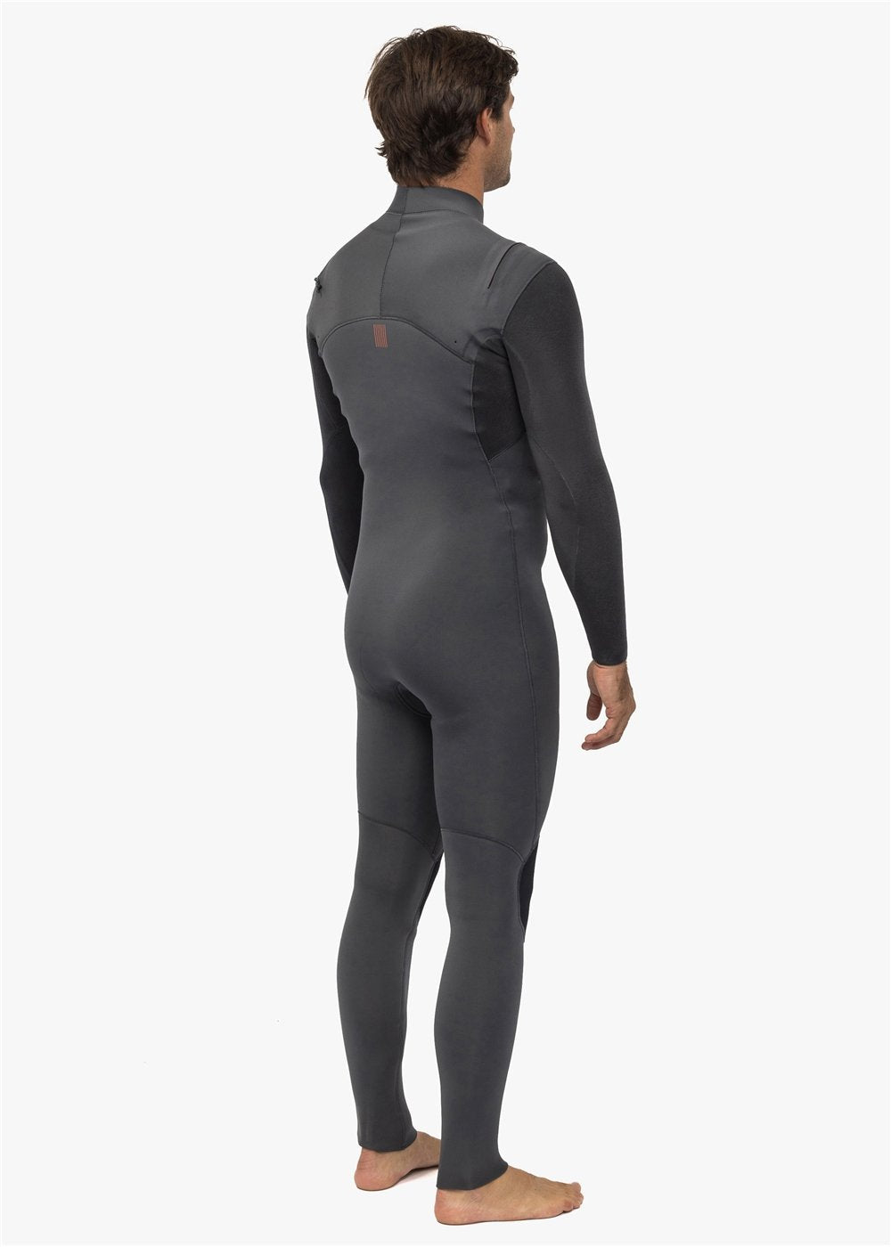 Back view of Vissla New Seas 4-3 U-Zip Wetsuit in graphite color.