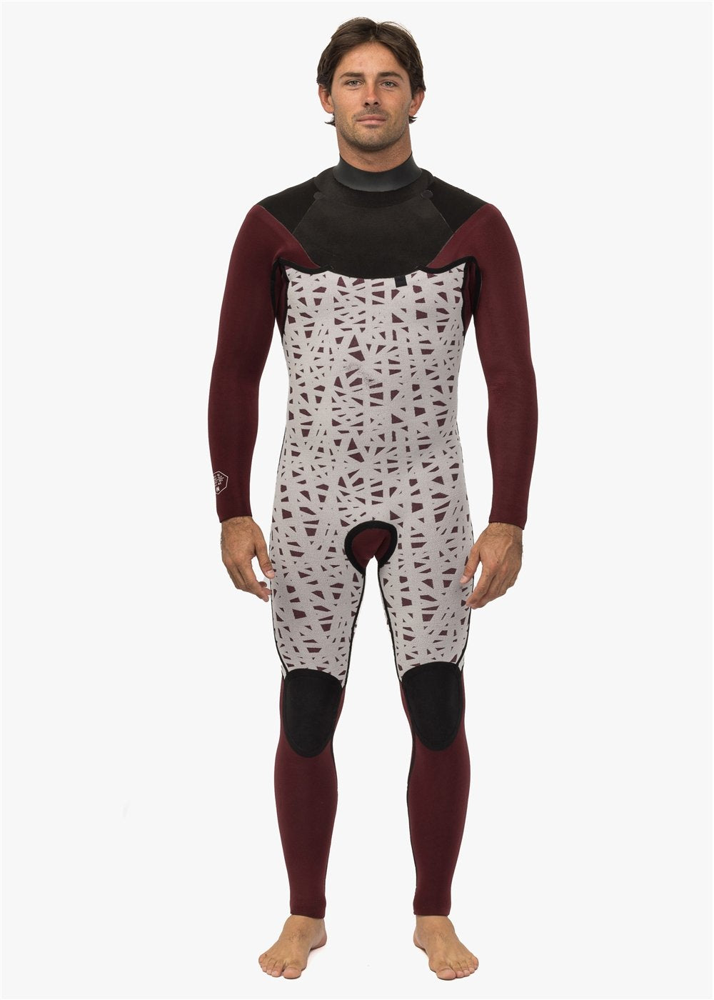 Front view of Vissla New Seas wetsuit with interior lining exposed.
