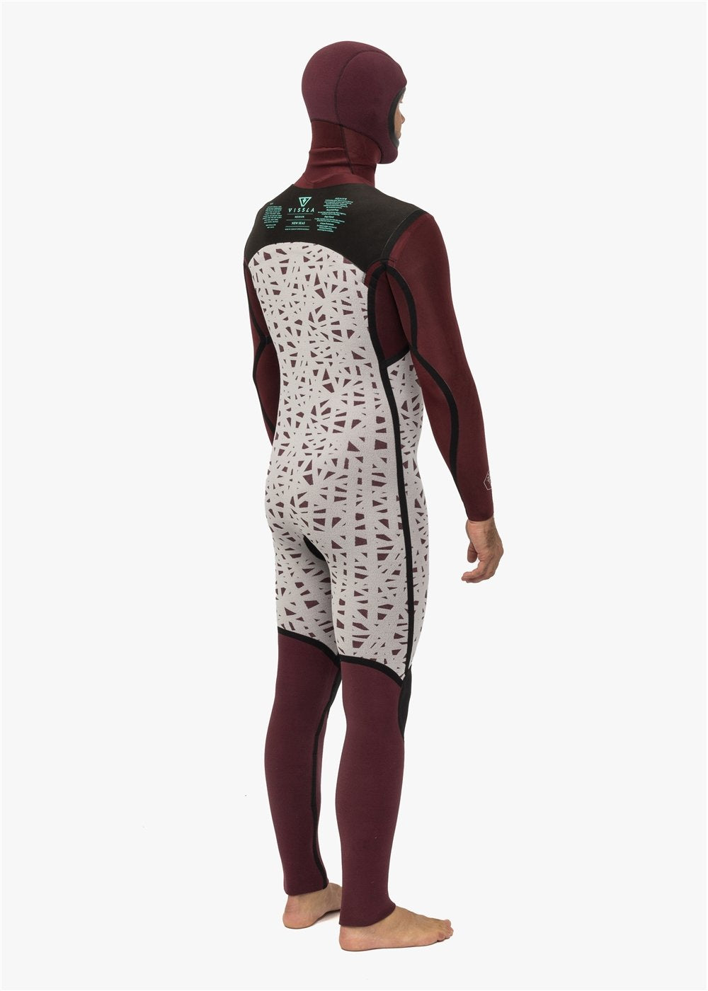 Vissla New Seas 5-4 Hooded V-Zip Wetsuit in maroon with patterned interior, back view.