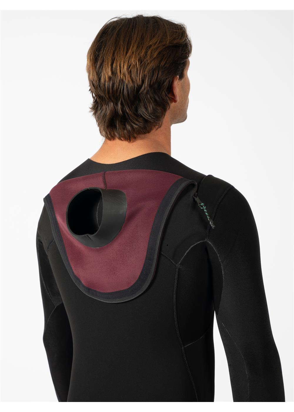 Close-up of Vissla wetsuit hood in maroon and black design.