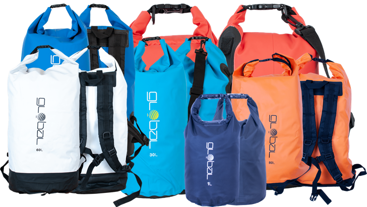 Global waterproof roll top back packs and Duffle bags