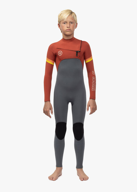 Vissla 7 Seas Boys Raditude 3-2 full chest zip wetsuit, front view.