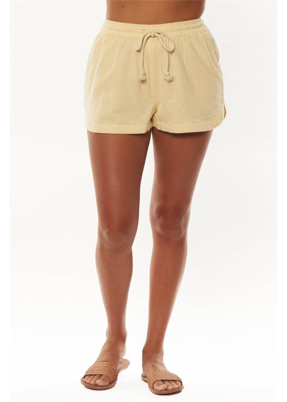 Front view of Sisstrevolution Isla Waves Short in white sand color with drawstring waist.