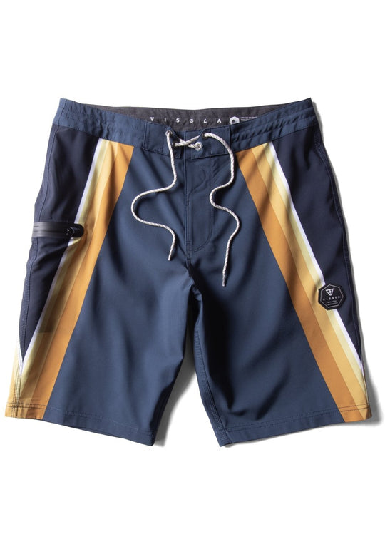 Vissla Recline 20.5" boardshort in dark denim with yellow and white stripes.