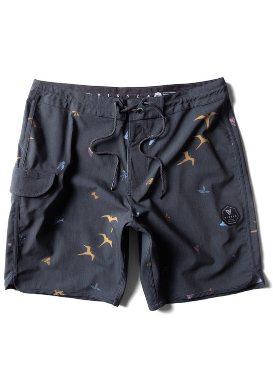 Vissla Miyashiro Island Stargazer Boardshort in Phantom with bird print design.