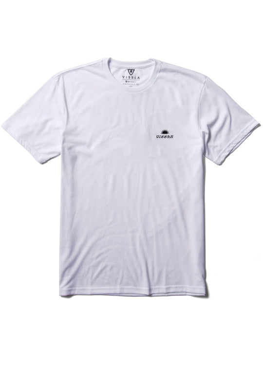 Front view of Vissla The Box Comp Lite Eco Performance Tee in white with minimalist logo.