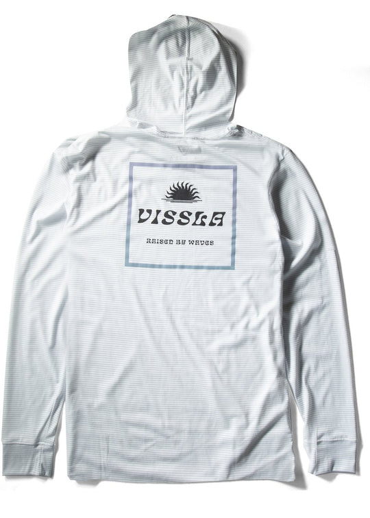 Back view of Vissla The Box Comp Lite Eco LS Hooded Performance Tee in white.