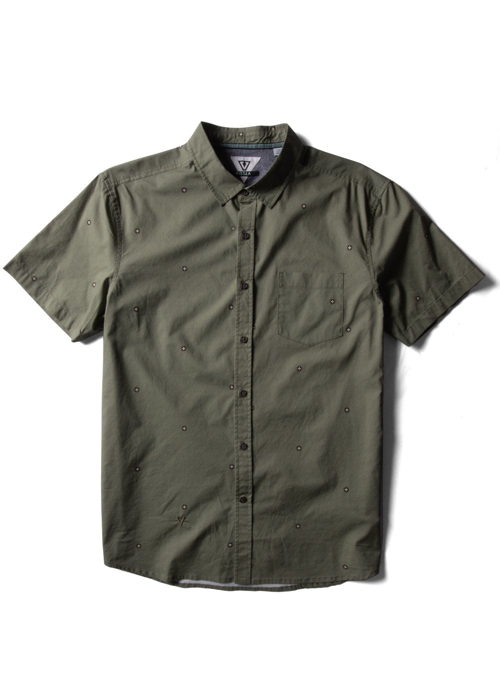 Vissla Sundial Eco short sleeve shirt in olive green with subtle pattern, front view.