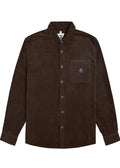 Front view of Vissla Doheny Woven Shirt in java color with button-up closure and chest pocket.