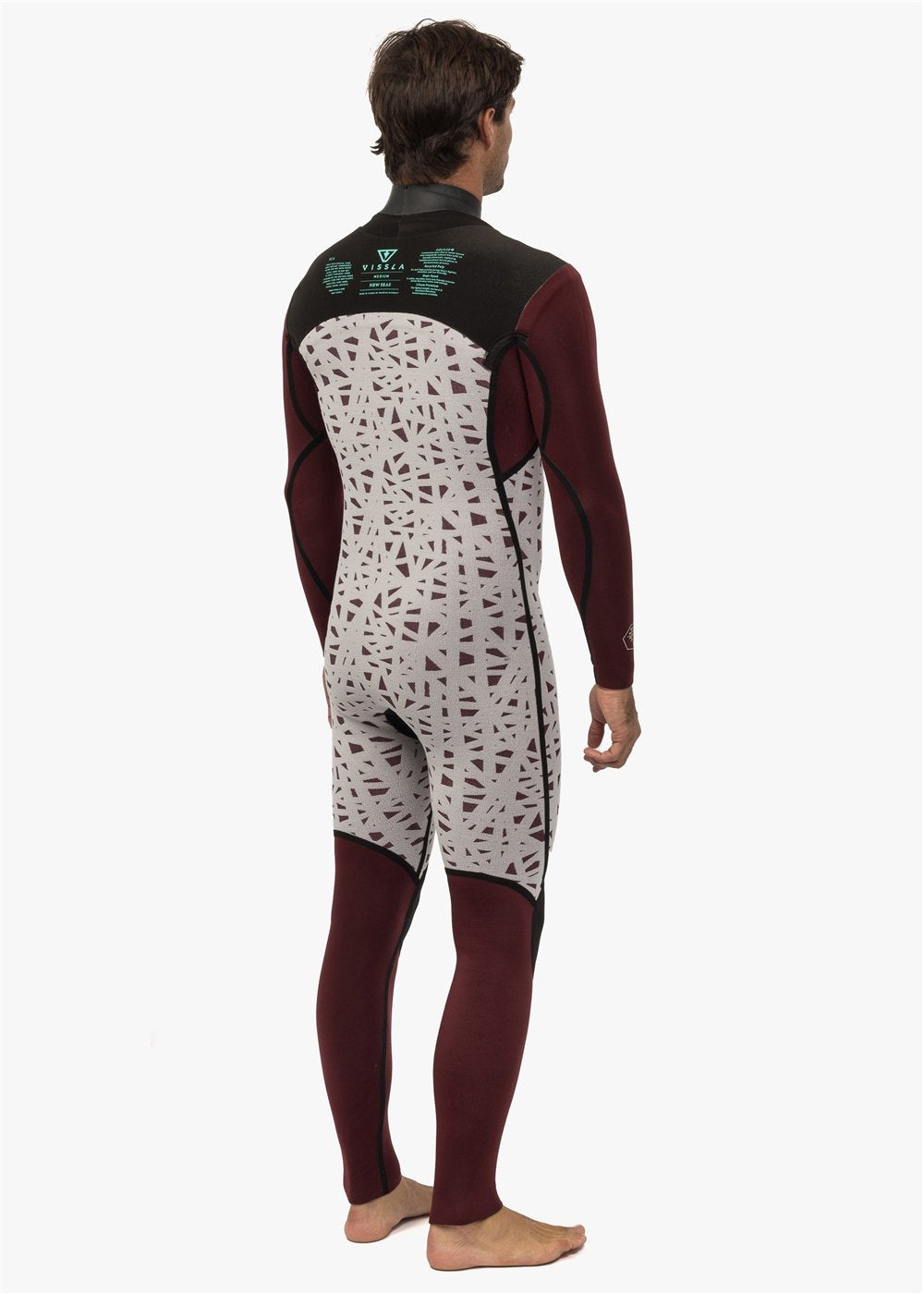 Back view of Vissla New Seas wetsuit showing thermal lining details.