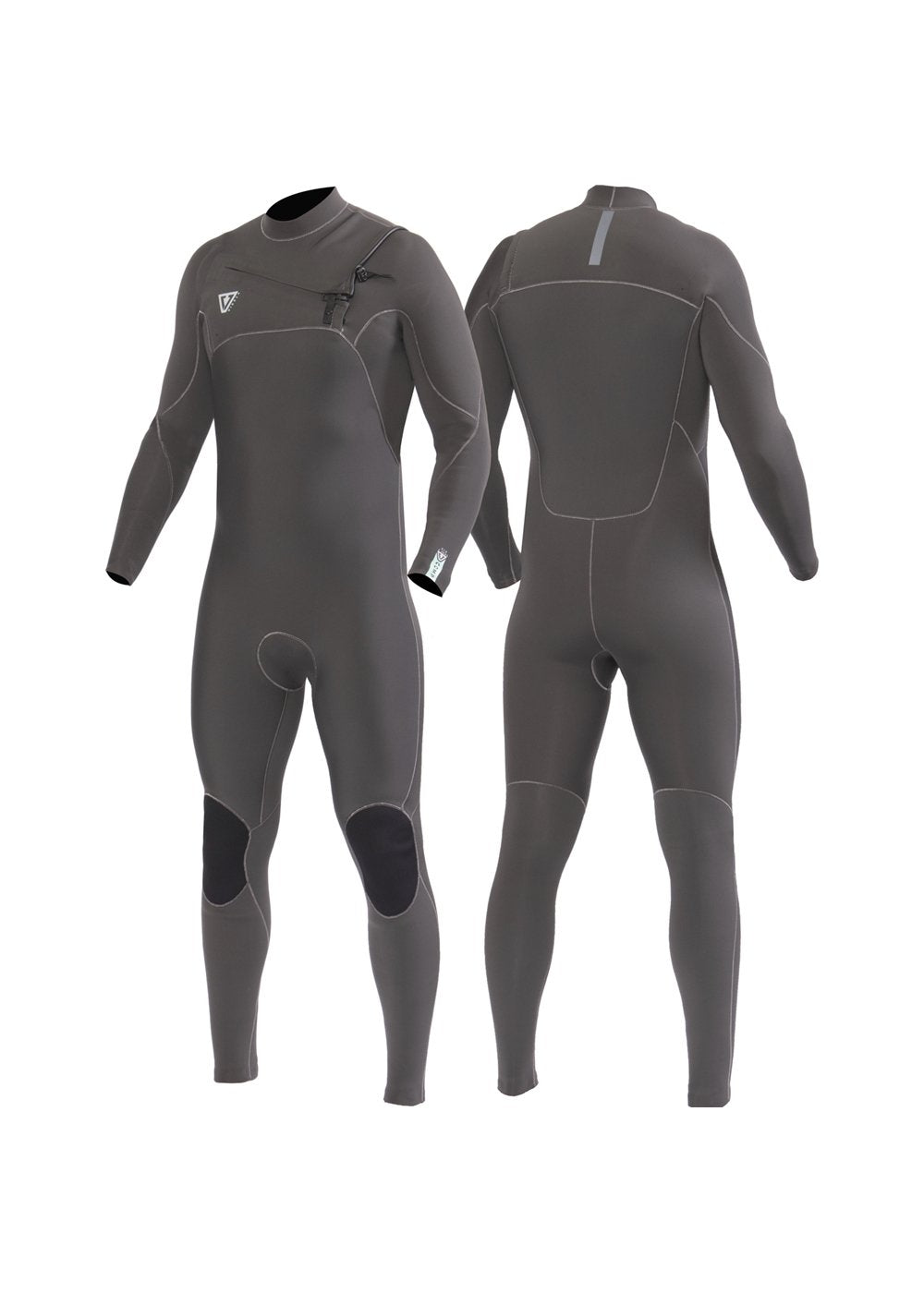 VIssla 7 Seas Comp 4-3 Chest Zip Full Suit in graphite, front and back view.
