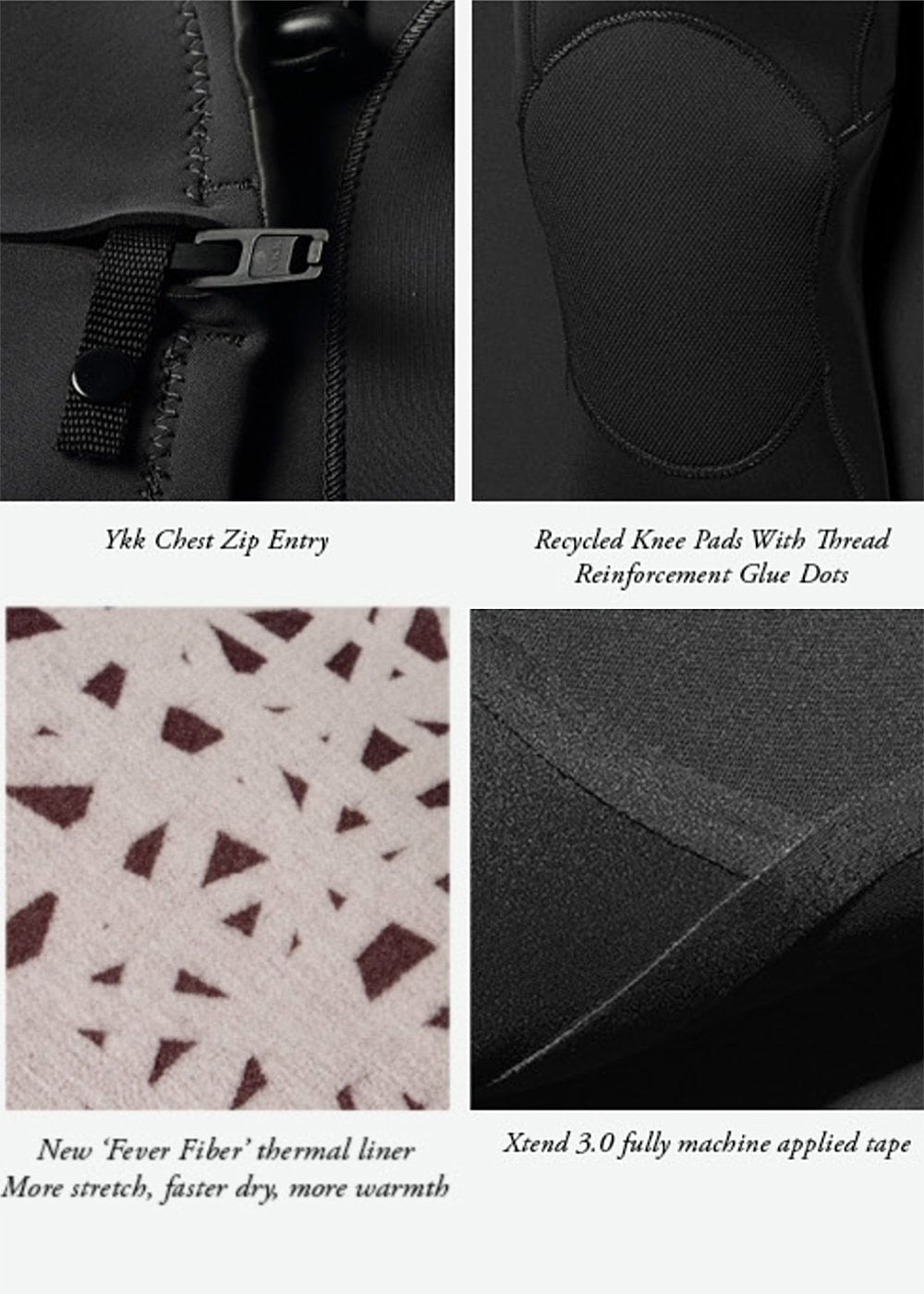 Close-up details of Vissla High Seas II wetsuit features, including YKK chest zip, recycled knee pads, thermal liner, and Xtend 3.0 tape.