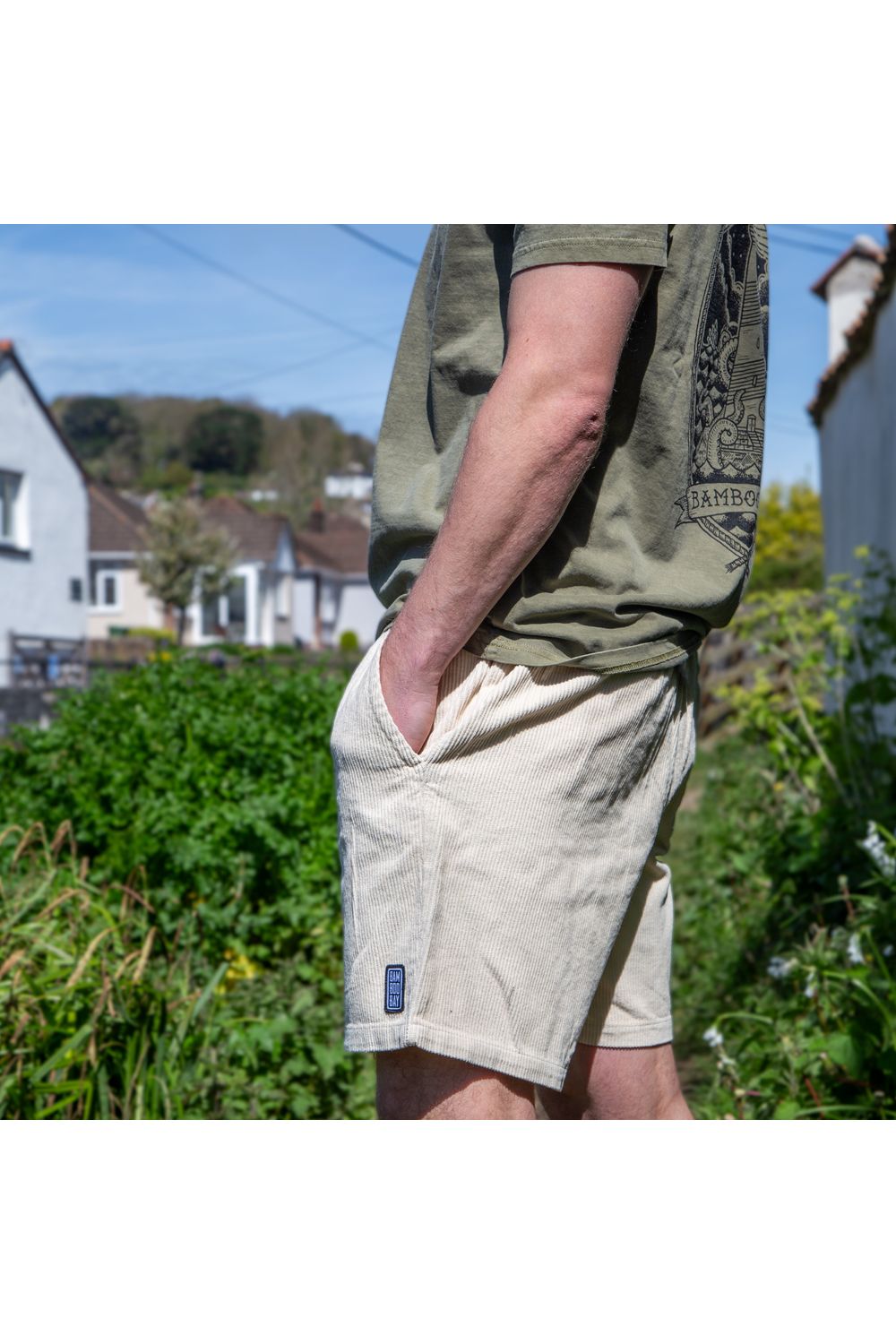 Bamboobay Cord Shorts sand yellow side view hands in pocket