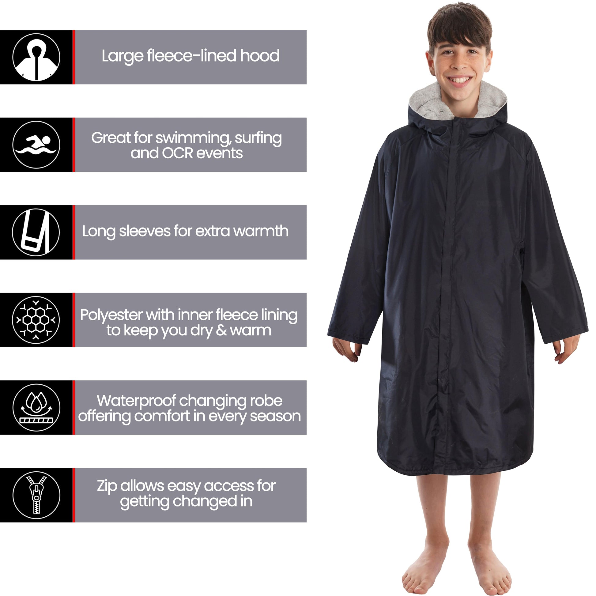 Changing Robe Kids Unisex Hooded -  Black/Grey Windproof Waterproof Quick Dry