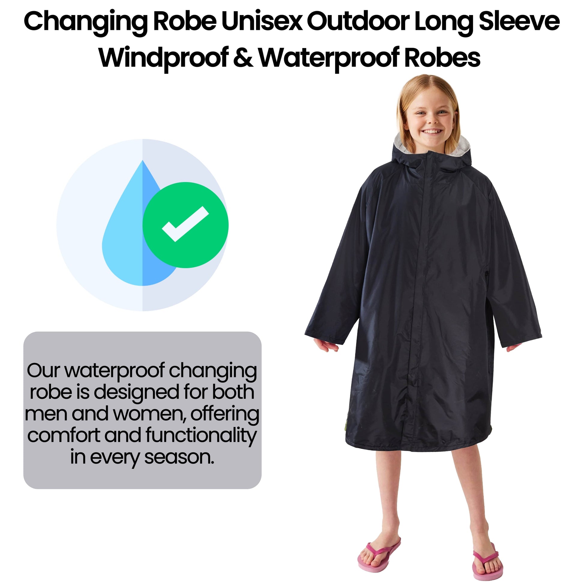 Changing Robe Kids Unisex Hooded -  Black/Grey Windproof Waterproof Quick Dry
