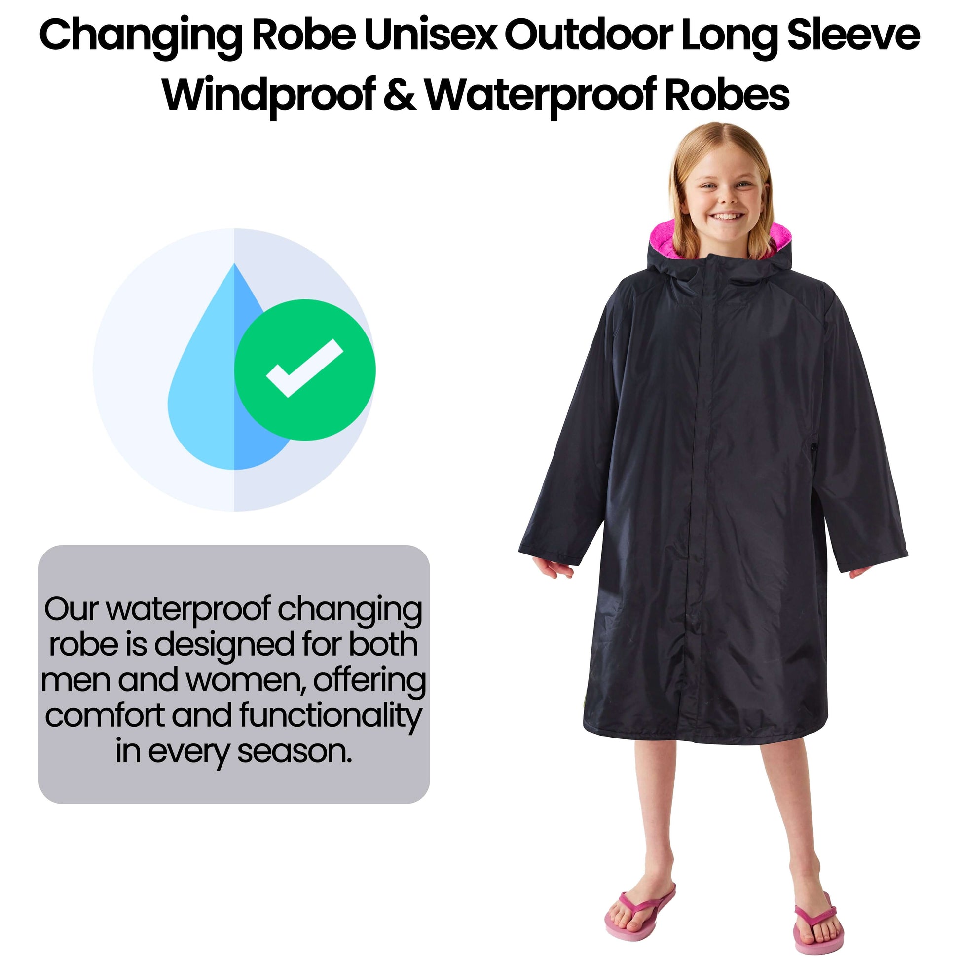 Changing Robe Kids Unisex Hooded - Black/Pink Windproof Waterproof Quick Dry