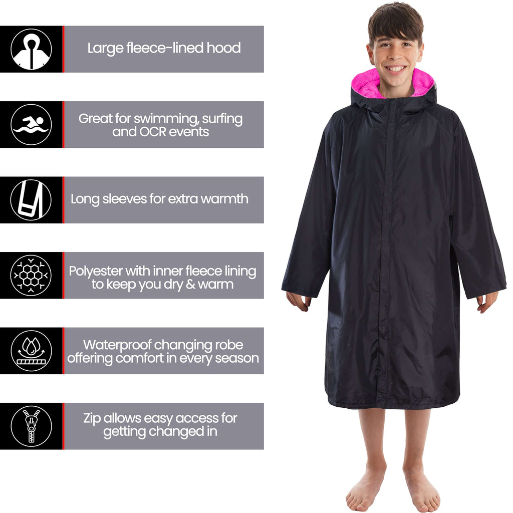 Changing Robe Kids Unisex Hooded - Black/Pink Windproof Waterproof Quick Dry