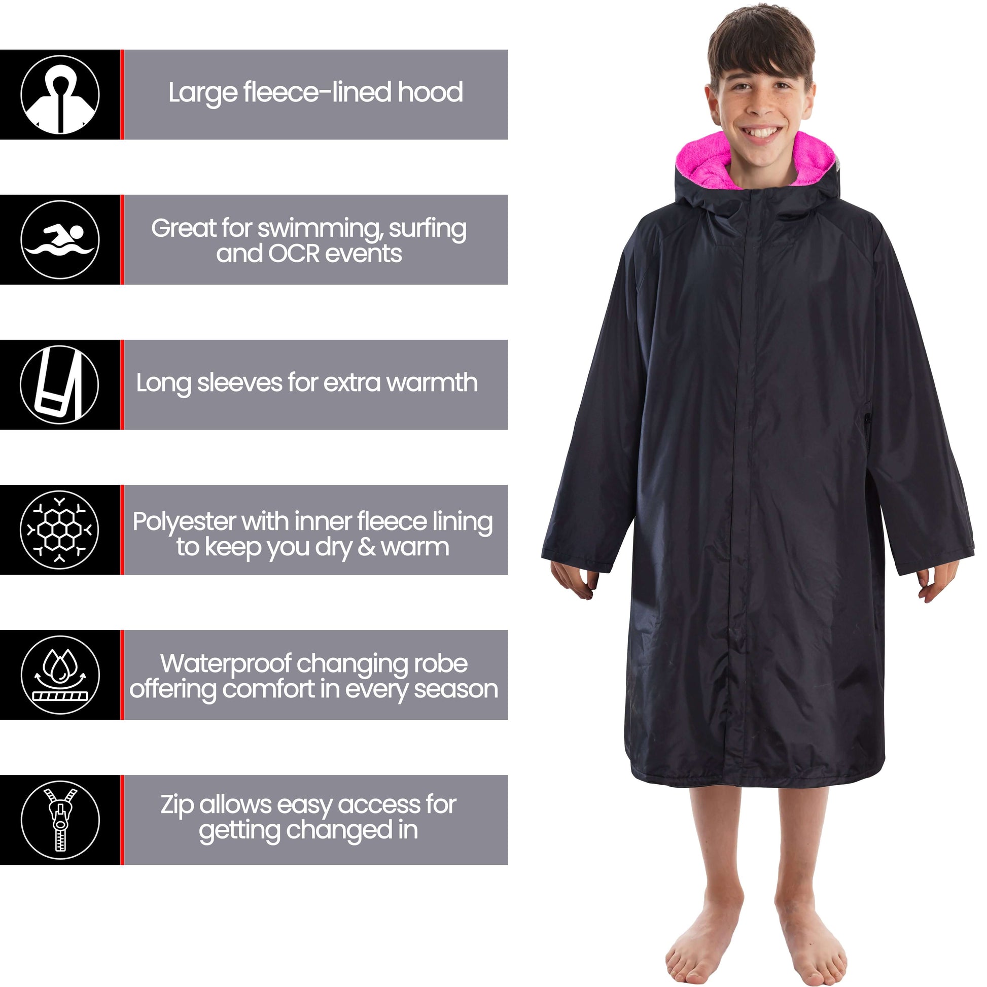 Changing Robe Kids Unisex Hooded - Black/Pink Windproof Waterproof Quick Dry