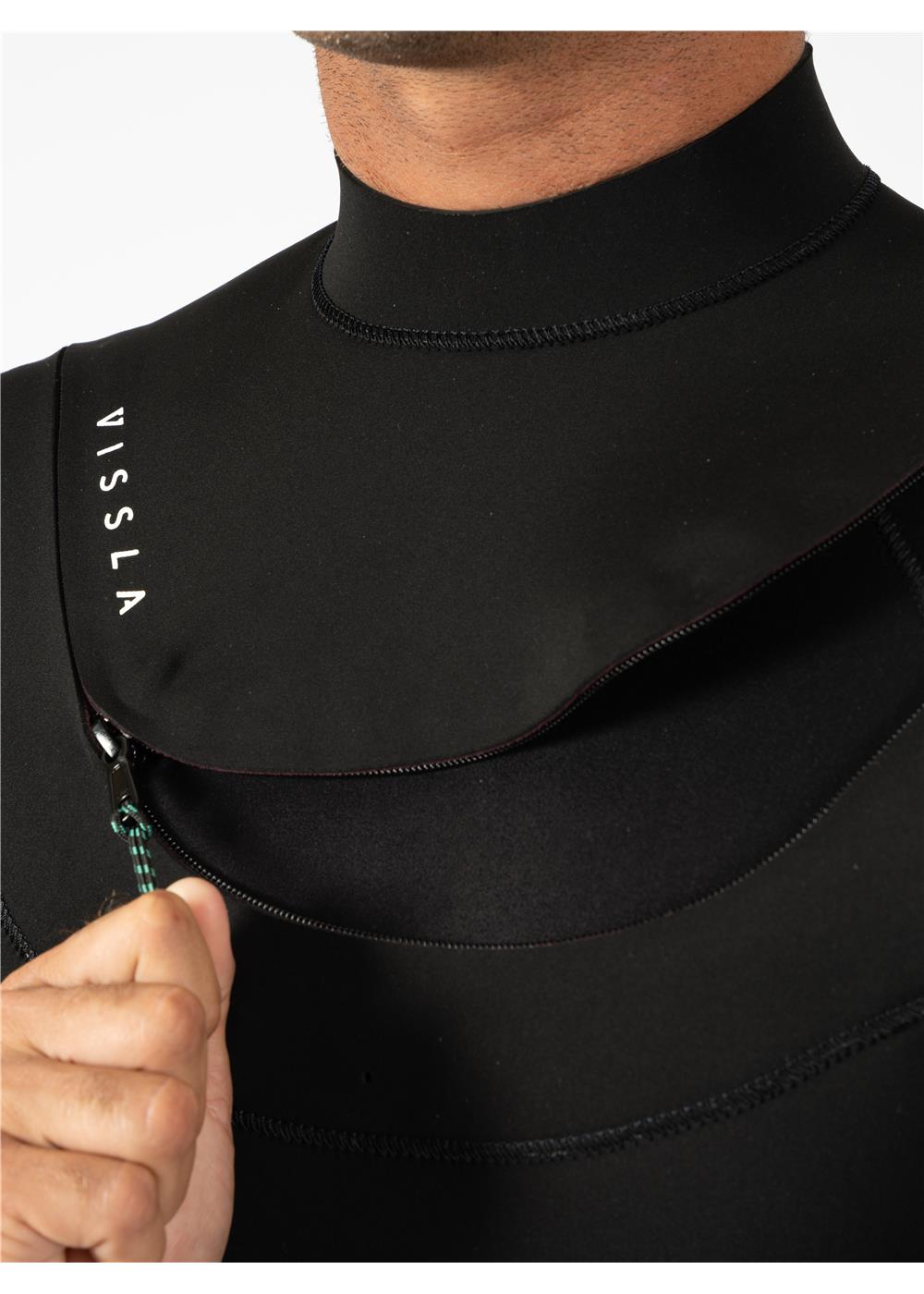 Close-up of Vissla New Seas wetsuit U-zip design in graphite.