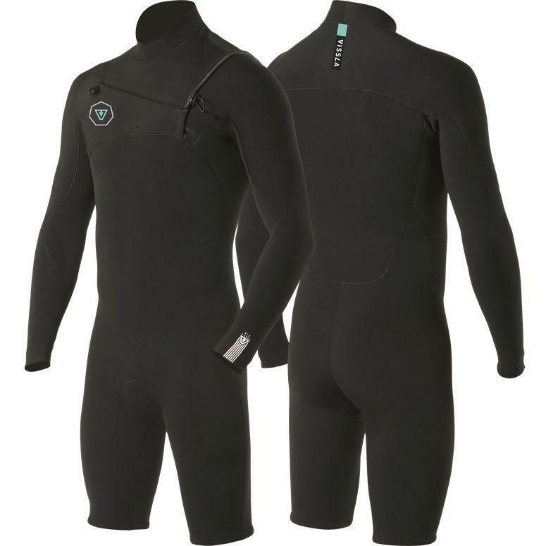 Vissla 7 Seas 2-2 LS Spring Wetsuit in black, front and back views.