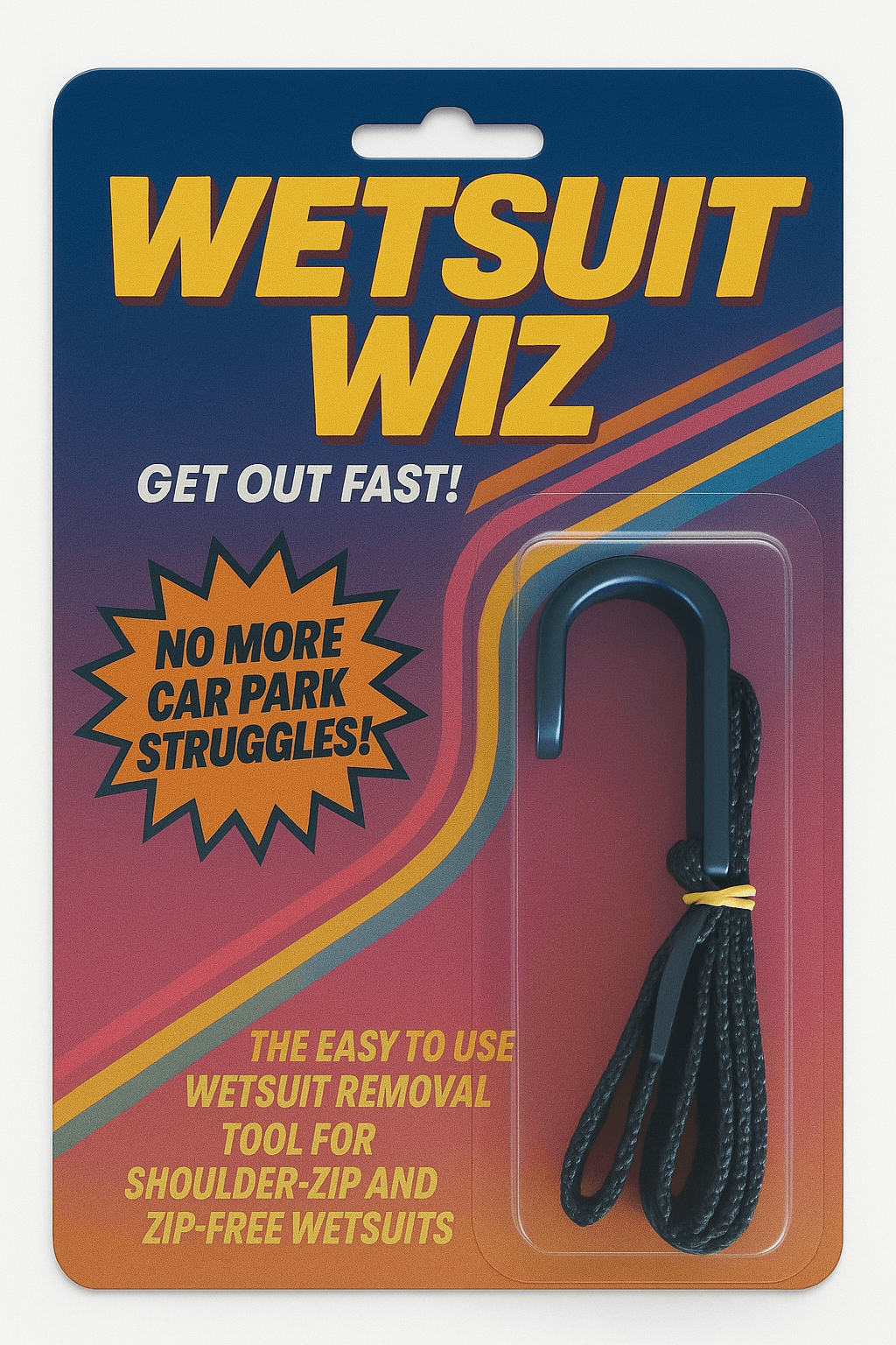 Wetsuit Wiz packaging with text and a wetsuit removal tool on a blue and orange background