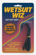 Wetsuit Wiz packaging with text and a wetsuit removal tool on a blue and orange background