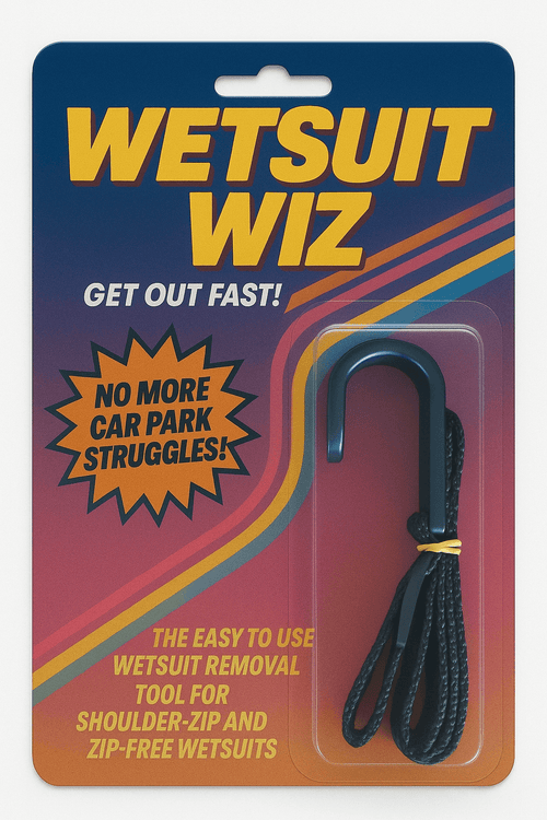 Wetsuit Wiz packaging with text and a wetsuit removal tool on a blue and orange background