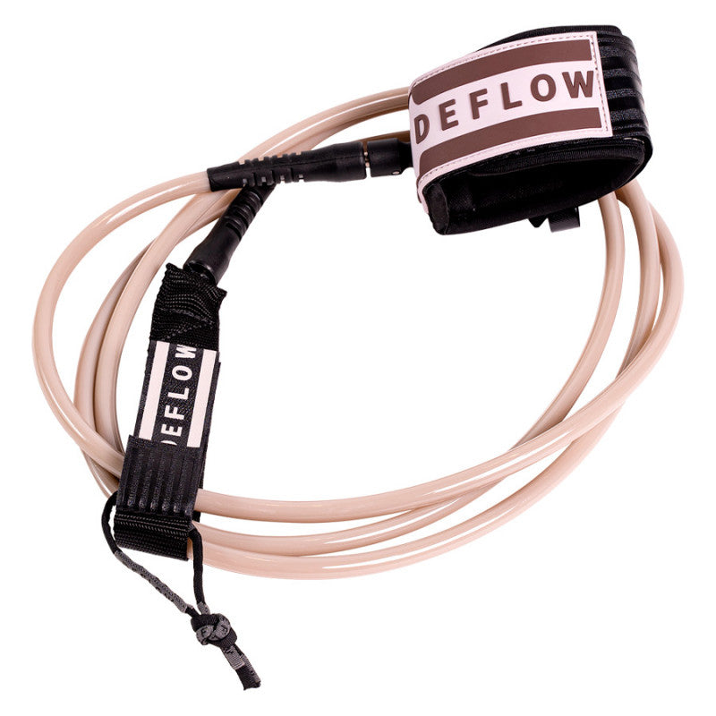 Deflow Winter Leash 7ft 8mm coiled with sturdy design for surfing.